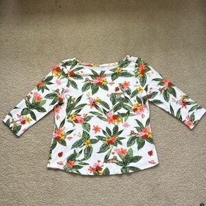 Charter Club White Floral Cotton Tee with Green Leaves & Coral Blooms